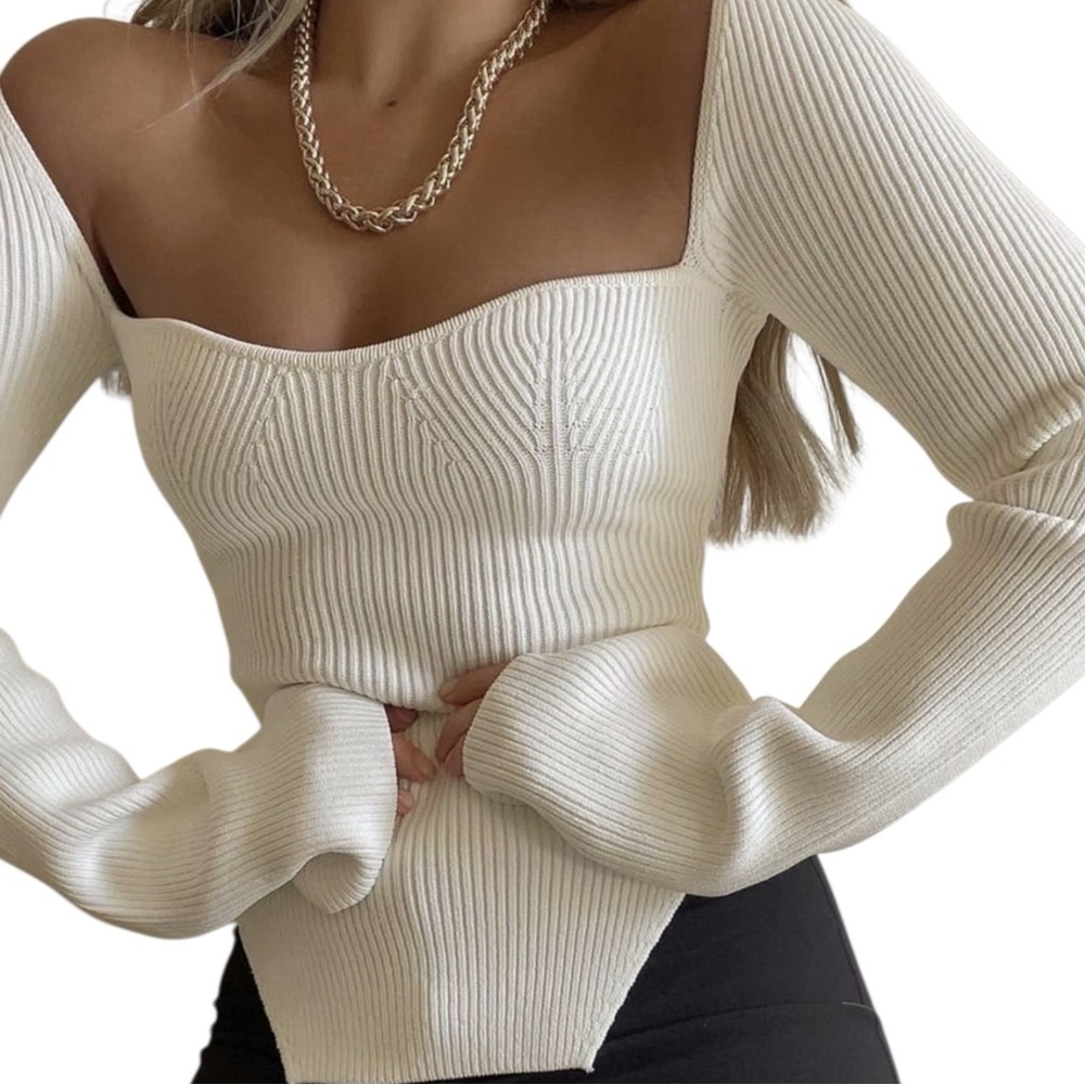 Commense Cream Ribbed Knit Top - Picture 1 of 12
